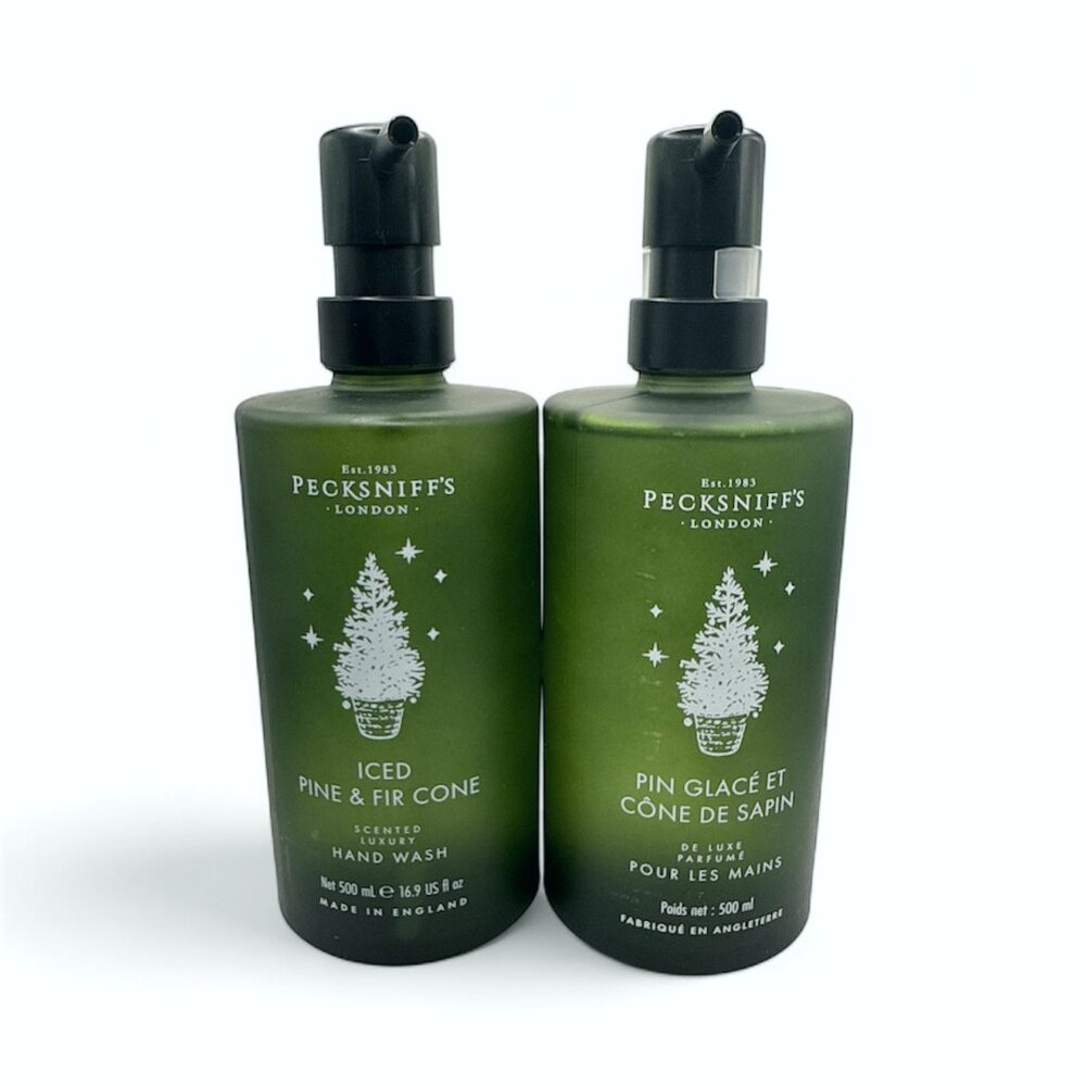 NEW Pecksniffs, 2x Iced Pine & Fir Cone Frost Glass Bottle Hand Wash 16.9 fl oz